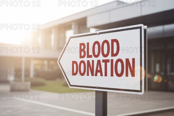 White arrow sign with red Blood Donation text. Directional signage in front of sunny, blurred hospital background suggests urgency and care. Generative ai, AI generated