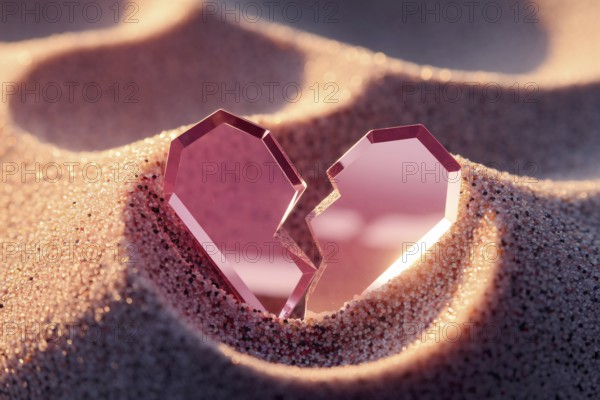 Delicate pink glass shard in golden sand. A serene symbol of a broken heart. Generative Ai, AI generated