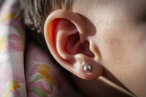 Delicate silver earring stud in baby's ear bathed in warm golden light. Tender moment with subtle criticism of infant ear piercing. Generative ai, AI generated
