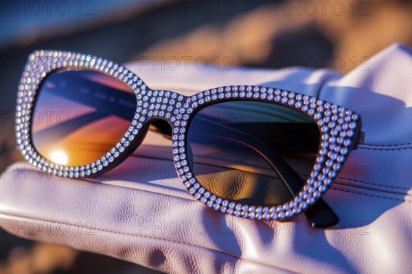 Rhinestone sunglasses resting on leather glove. Symbol of luxury, glamour, and timeless elegance. Generative ai, AI generated