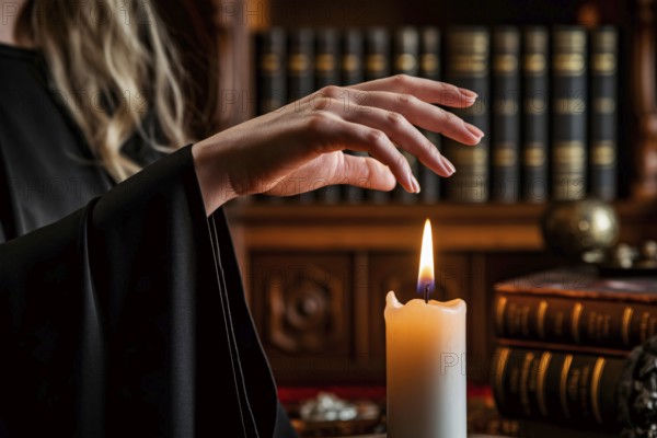 Woman's hand above flickering candle flame. A moment of witchcraft, mystery, and feminine power. Generative ai, AI generated