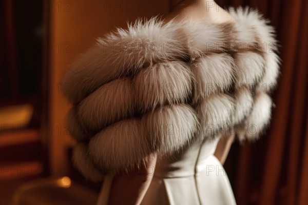 Luxurious real fur stola over woman's shoulder. A controversial symbol of elegance and animal cruelty in modern fashion. Generative ai, AI generated