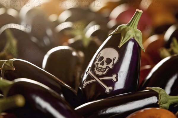 Skull-carved eggplant warns of hidden toxins or pesticides in fresh produce at farmer's market. Generative ai, AI generated
