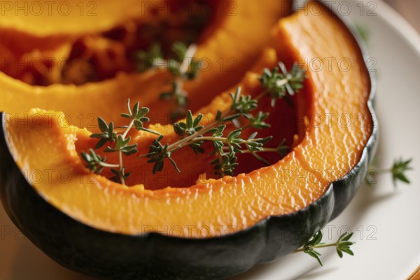 Caramelized roasted pumpkin slices with thyme. A close-up view of seasonal comfort food in warm, inviting tones. Generative ai, AI generated