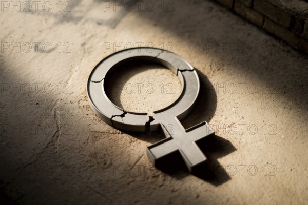 Broken female gender symbol on concrete floor representing femicide. Generative Ai, AI generated