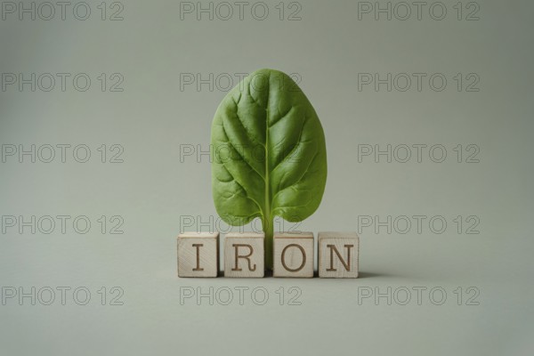Single vibrant spinach leaf with wooden blocks spelling IRON. Minimalist studio image emphasizing natural iron-rich nutrition. Generative ai, AI generated