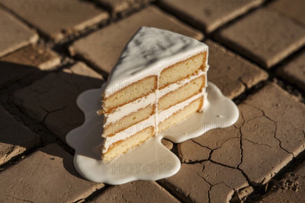 Melting wedding cake slice on hot pavement under scorching sun, generative ai, AI generated