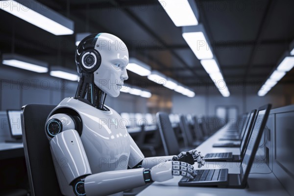White AI robot with headset seated at workstation in empty office. Stark lighting and abandoned desks illustrate a future of quiet automation replacing humans. Generative ai, AI generated
