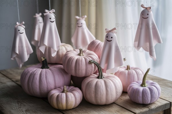 Pastel pink Halloween scene with hanging cute ghosts and decorative pumpkins. Whimsical and modern feminine aesthetic. generative ai, AI generated