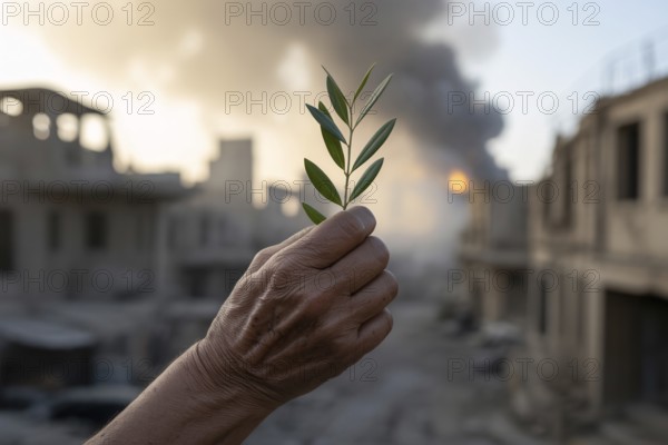 Hand holding olive branch against backdrop of war-torn city. Symbol of peace amid destruction. Generative ai, AI generated