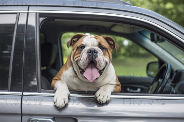 English bulldog panting and looking out of an open car window on a hot summer day. Concept of overheating risks for brachycephalic dog breeds during car rides. Generative ai, AI generated