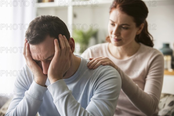 Man burying head in hands while woman comforts him. Concept of mankeeping and women's invisible emotional labor in relationships. Generative ai, AI generated