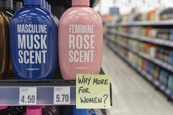 Pink tax concept shpwing two gendered shampoo bottles priced differently. Blue masculine and pink feminine bottle with sticky note reading Why more for women?. Generative ai, AI generated