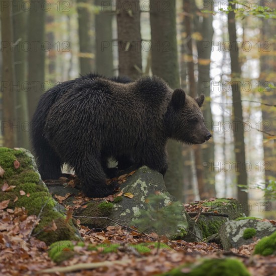 Early in the morning... European brown bear (Ursus arctos) standing on a slope on some rocks in the forest, looking around, exploring the surroundings, young loner, native nature, Central Europe