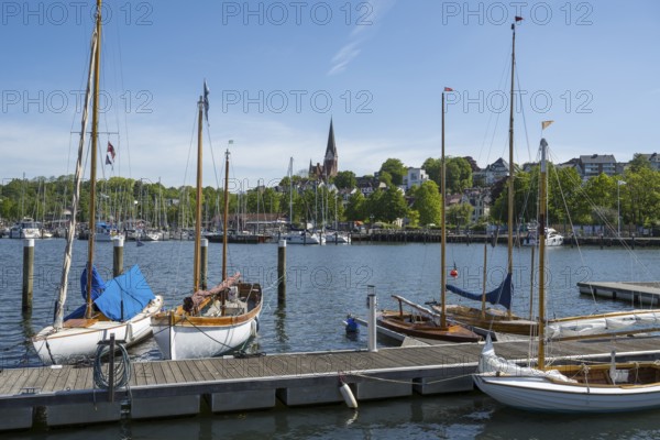 Town view, church St. Jürgen, sailing boats, harbour, Jürgensby, Flensburg, Flensburg Fjord, Baltic Sea, Schleswig-Holstein, Germany