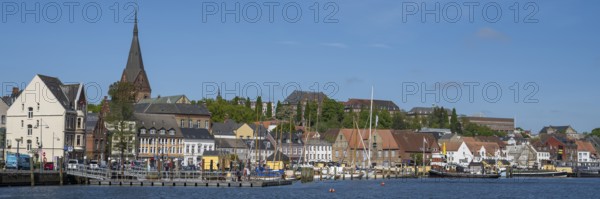 City view with St. Marien church, harbour, Flensburg, Flensburg Fjord, Baltic Sea, Schleswig-Holstein, Germany