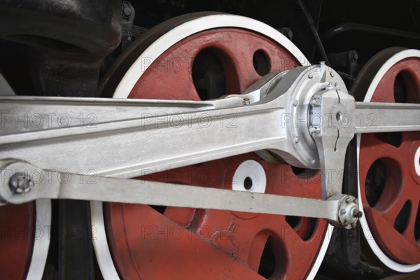 Driving wheels of the express train, steam locomotive P36 123 in the Prora Museum, Mecklenburg-Vorpommern, Germany