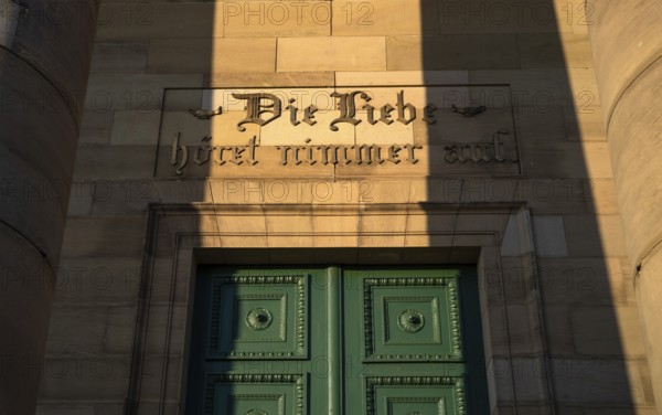 Entrance portal, burial chapel with inscription DIE LIEBE HÖRET NIMMER AUF on the Württemberg, burial place for Queen Katharina and King Wilhelm I of Württemberg, Rotenberg, evening light, blue sky, Stuttgart, Baden-Württemberg, Germany