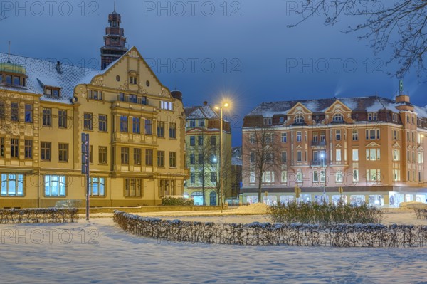 Art Nouveau houses winter illuminated Minden Germany