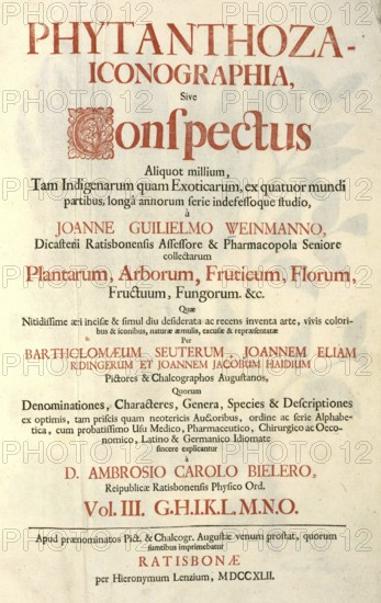 Title page of the book Phytanthoza iconographia, Historisches Pflanzenbuch, a work by Johann Wilhelm Weinmann published in instalments from 1734 to 1745, historical, digitally restored reproduction from a 19th century original