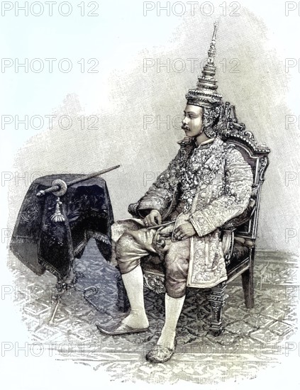 Mongkut or Rama IV, King of Siam in regalia, 18 October 1804 in Bangkok, Thailand - 18 October 1868, was King of Thailand from 1851 to 1868, he gave himself the name Phra Chom Klao, illustration, published 1890, reproduction, digitally enhanced, historical