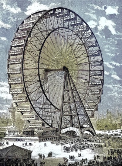 The giant aerial carousel at the 1893 Chicago World's Columbian Exposition also featured the Chicago World's Fair, America, historical image or illustration, published 1890, reproduction, digitally enhanced, Historical