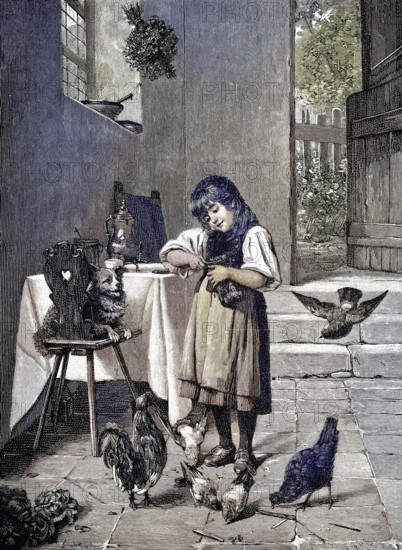 Breakfast together, children's breakfast with dog, chickens and pigeons, after a painting by Fr. Sonderland, Germany, illustration, published 1890, reproduction, digitally enhanced, historical