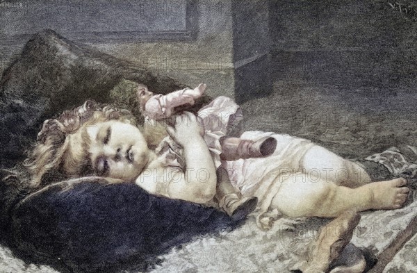 Surprised by the slumber, little girl sleeping with the doll in her arms, illustration, published 1890, reproduction, digitally enhanced, historical