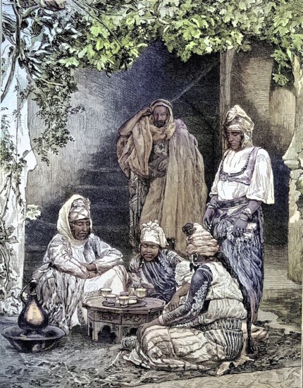 An Arab family in Algeria, sitting together and havin teatime, Illustration from 1894, Reproduction, digitally enhanced, Historical