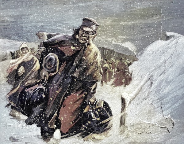 Man comes home for Christmas with lots of luggage and presents in the winter snow, Illustration from 1894, Reproduction, digitally enhanced, Historical