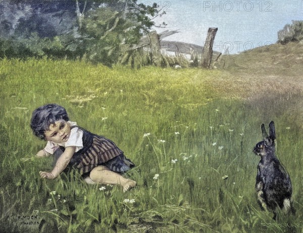 Hasenfuss, Hasenfüße, little girl lying in the meadow and watching a hare, for a painting by F. Mock, Germany, illustration, published 1890, reproduction, digitally enhanced, historical