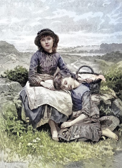 Rest on the mountain, two girls are resting, tired from running, Germany, illustration, published 1890, reproduction, digitally enhanced, historical
