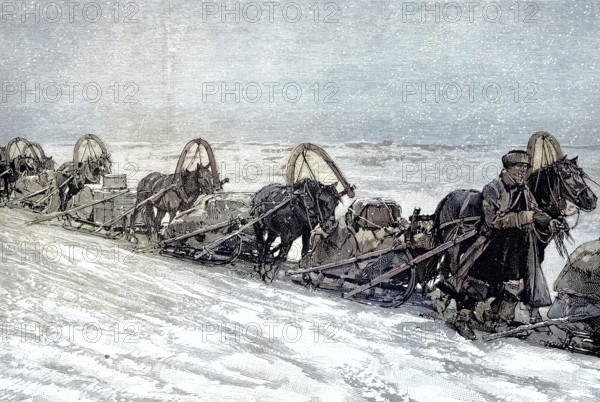 Russian tea transport by horse-drawn sleigh in winter, illustration, published 1890, reproduction, digitally enhanced, historical