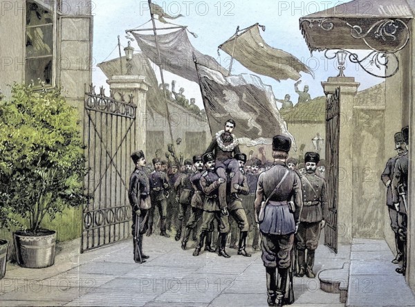 Alexander I, Prince of Bulgaria, who was elected from 1879 to 1886, being carried by the Bulgarian officers to the princely palace in Rustchuk, the last homage in front of his resignation, illustration, published 1890, reproduction, digitally enhanced, Historical