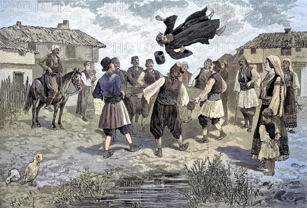 The, bouncing, the pop in old Serbia, the pope is thrown in the air with a cloth, original drawing by F. Schlegel, illustration, published 1890, reproduction, digitally enhanced, historical
