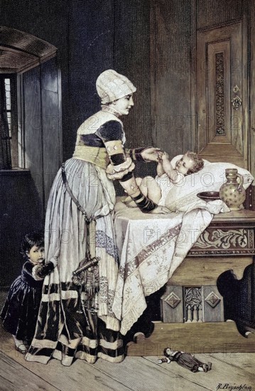 The youngest, mother with two children, after a painting by R. Benschlag, illustration, published 1890, reproduction, digitally enhanced, Historical