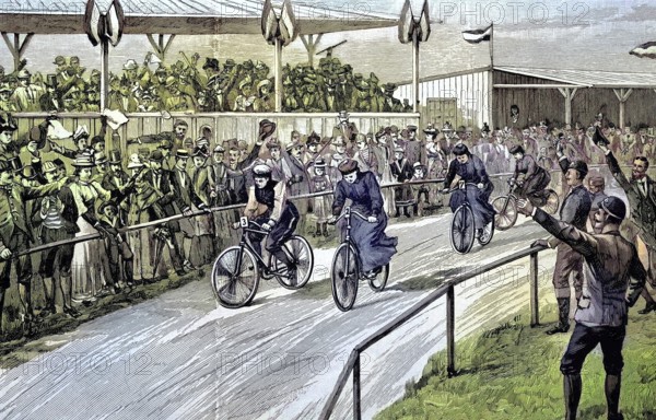 The first woman's race on the race track in Halensee near Berlin, Germany, illustration, published 1890, reproduction, digitally enhanced, historical
