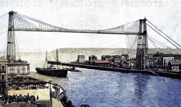 The Vizcaya Bridge, Puente de Portugalete, known in Spain mainly as the Puente Colgante, or suspension bridge. It is not a suspension bridge in the technical sense, but a suspension ferry, an elevated bridge with an attached suspension barge. The ferry was inaugurated in 1893, historical image or illustration, published in 1890, reproduction, digitally enhanced, historical