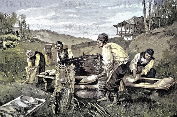 Kakheti, a region in Georgia, people baking bread with a simple oven, a tornia, illustration from 1894, reproduction, digitally enhanced, historical