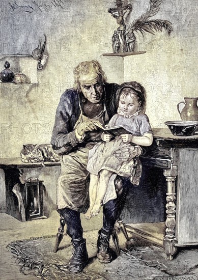 Grandfather reading a book together with his granddaughter, at home on a farm in Austria, Illustration from 1894, Reproduction, digitally enhanced, Historical