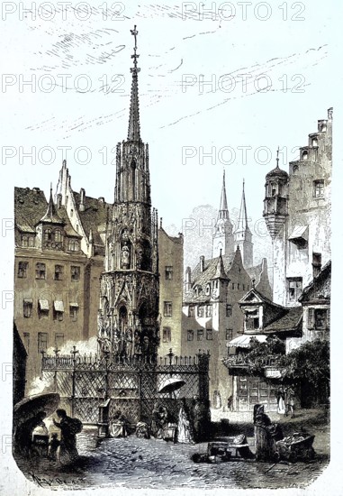 The Beautiful Fountain, fountain, on the market square, Nuremberg, Bavaria, Germany, illustration from 1894, reproduction, digitally enhanced, historical