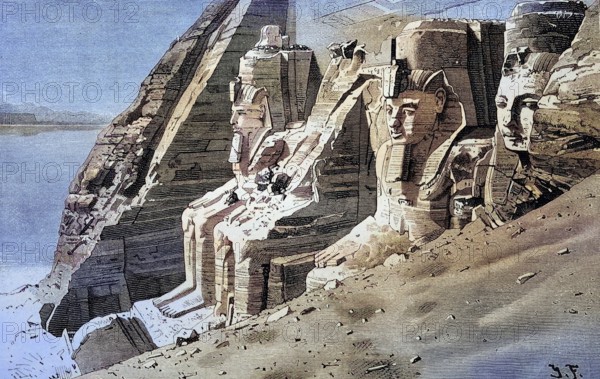 The Temples of Abu Simbel are massive rock temples in Abu Simbel, a village in Nubia, Southern Egypt, Illustration, published 1890, Reproduction, digitally enhanced, Historical