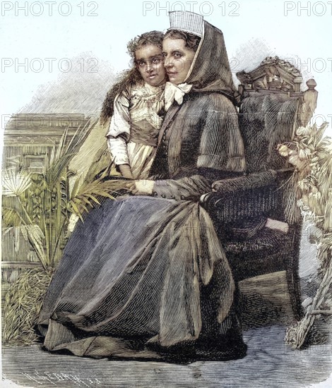 Ferida, the daughter of Eduard Karl Oskar Theodor Schnitzer, known as Emin Pasha, and her sister Lies Bader, illustration from 1894, reproduction, digitally enhanced, historical