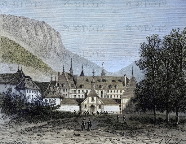 Grande Chartreuse is the main monastery of the Carthusian Order, located in the Chartreuse Mountains, France, Illustration from 1894, Reproduction, digitally enhanced, Historical