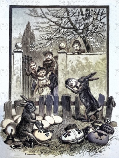 Symbolic for Easter, Easter bunny, Easter rabbit or Easter bunny painting Easter eggs for the children, illustration from 1894, reproduction, digitally enhanced, historical