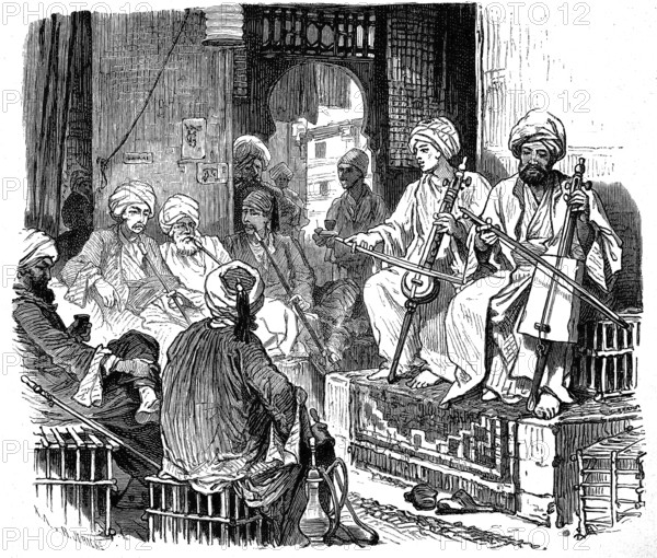 A coffee house or tea house in Cairo, Egypt, with musicians, illustration from 1894, reproduction, digitally enhanced, historical