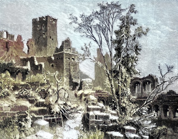 Ribeauville, Rappoltsweiler, Rappschwihr, a village in Alsace, France, with the Chateau de Saint-Ulrich, illustration from 1894, reproduction, digitally enhanced, historical