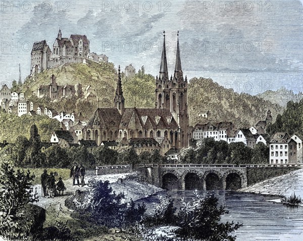Marburg, a city in the German state of Hesse, Germany, with St Elisabeth's Church, illustration from 1894, reproduction, digitally enhanced, Historical