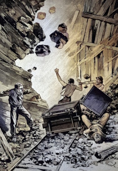 A pit, miners are seriously injured or killed by falling rocks, Germany, illustration, published 1890, reproduction, digitally enhanced, historical