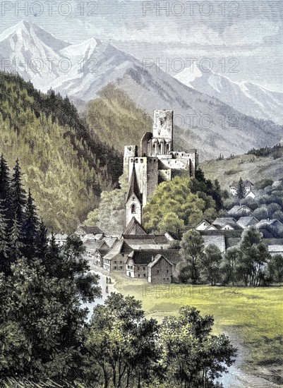 The remains of Arnoldstein Castle and Monastery, Austria, Carinthia, Illustration from 1894, Reproduction, digitally enhanced, Historical